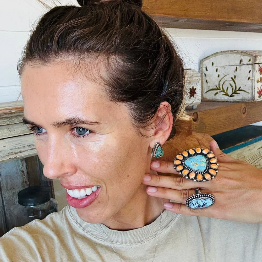 ♥️ Navajo ♥️ Dustin Francisco Sterling Silver & #8 Turquoise Stud Earrings - Picture 7 of 10